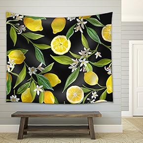Vector - Seamless Pattern. Lemon Fruits Background. Floral Pattern. Flowers, Leaves, Lemons - Fabric Wall Tapestry Home Decor - 51x60 inches