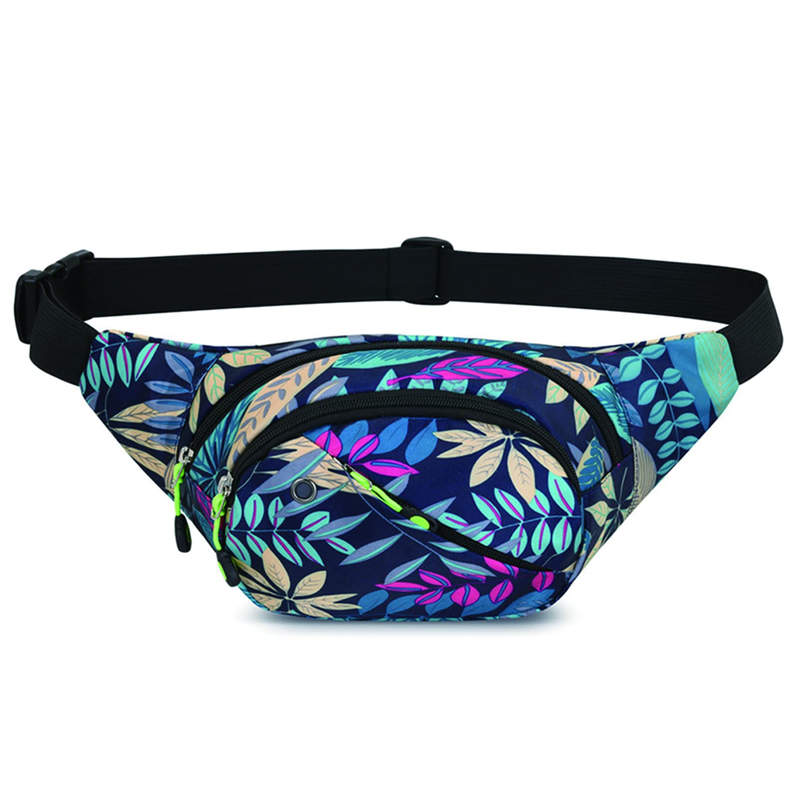 Bum Bag Waist Fanny Pack - Long Keeper Large Fashion Bumbag for Women Men, 4 Pockets Adjustable Waist Bag for Running Hiking Dog Walking Outdoor Blue Maple Leaf Pattern