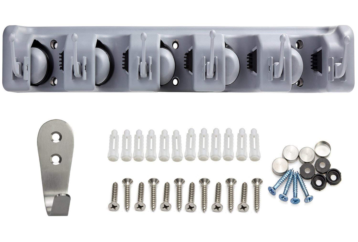 RockBirds Broom Mop Holder, T56 Multipurpose Wall Mounted Organizer, Ideal Broom Hanger Solution for Kitchen, Garage, Warehouse (5 Position with 6 Hooks)