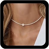 Jugielu Boho Daisy Flower Choker Necklace White Seed Bead Necklaces Daisy Bead Necklaces Rice Beads Choker Beaded Floral Necklace Bridal Wedding Jewelry for Women