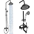 Bathfinesse Outdoor Shower Faucet Set, Exposed Pipe Shower with 3 Function Adjustable Shower Head Hand Spray and Tub Spout, Double Knobs Cross Handle Shower, Wall Mounted, Matte Black