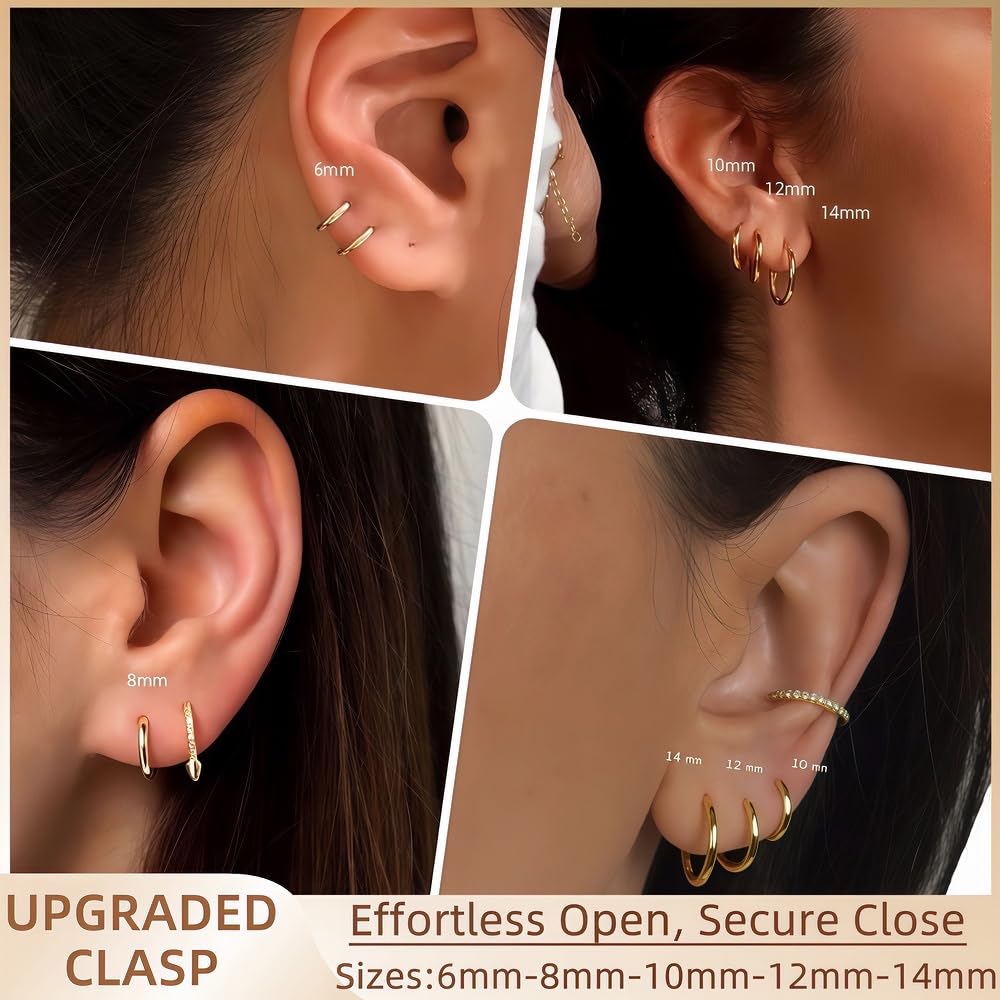 FriBasics 5 Pairs 14K Gold Plated Huggie Hoop Earrings for Women - Lightweight Minimalist Small Hoops, Hypoallergenic Nickel-free Lead-free, Non-Tarnish Everyday Jewelry for Sensitive Ears, Multiple Piercing Stack Set