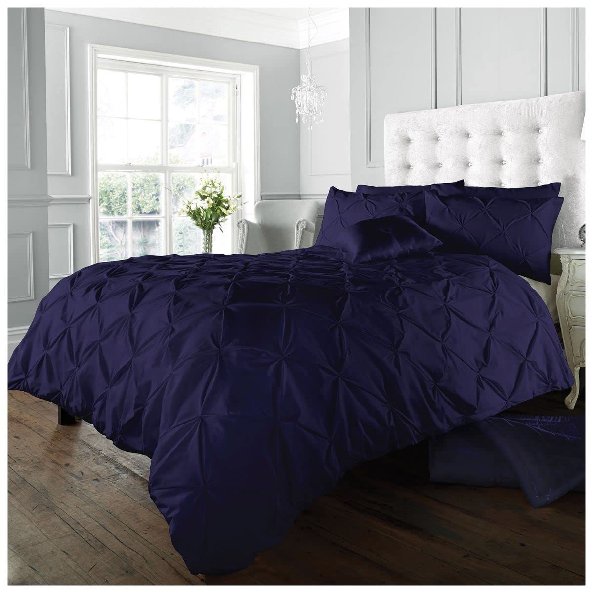 GC GAVENO CAVAILIA Luxury Pintuck Duvet Cover Single, Polycotton Pinch Pleat Bedding Sets, Washable Quilt Covers With Pillow Case Navy