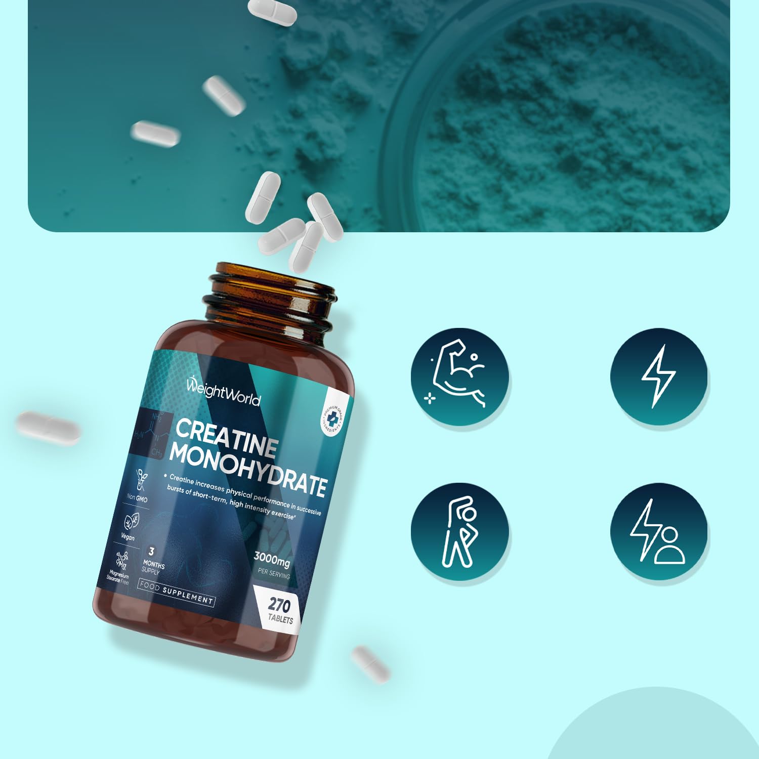 Creatine Monohydrate Tablets - 270 Unflavoured Creatine Tablets - Vegan & Keto-Friendly - 3 Months Supply - Non-GMO & Magnesium Stearete-Free - for Men & Women