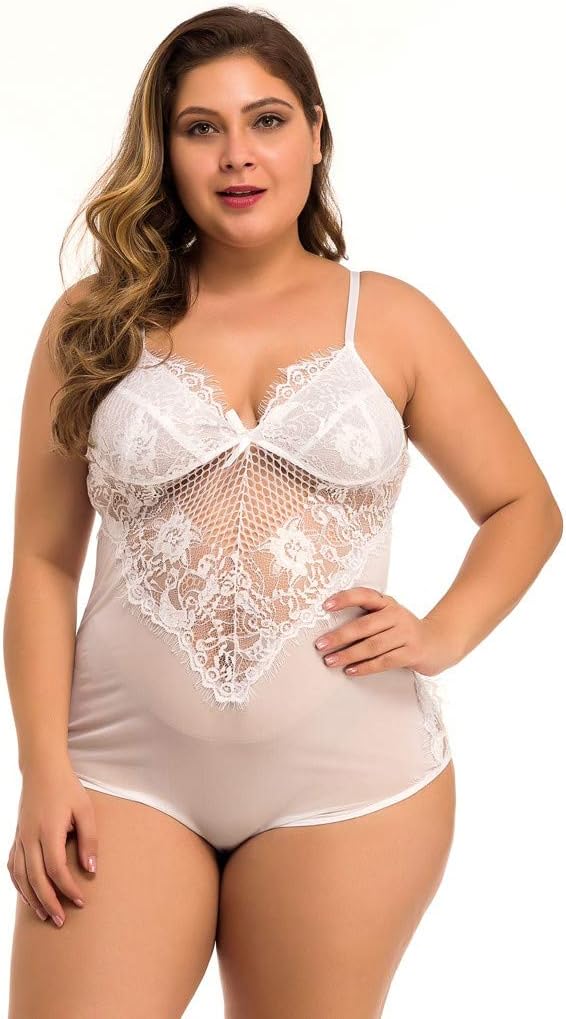 Younthone Large Size Lace Conjoined Sexy Underwear New Women Mesh Lace V-Neck Teddy Lingerie Jumpsuit Underwear Comfortable Sling Pajamas Multi-Color and Variety XL-XXXXL