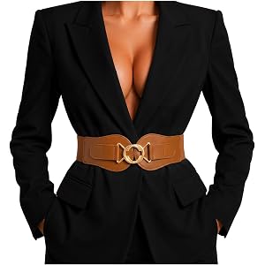 Womens Wide Waist Belt for Dresses Stretchy Woven Elastic Belt Anti-Scratch Gold-Tone Interlocking Buckle Office Date Outfits