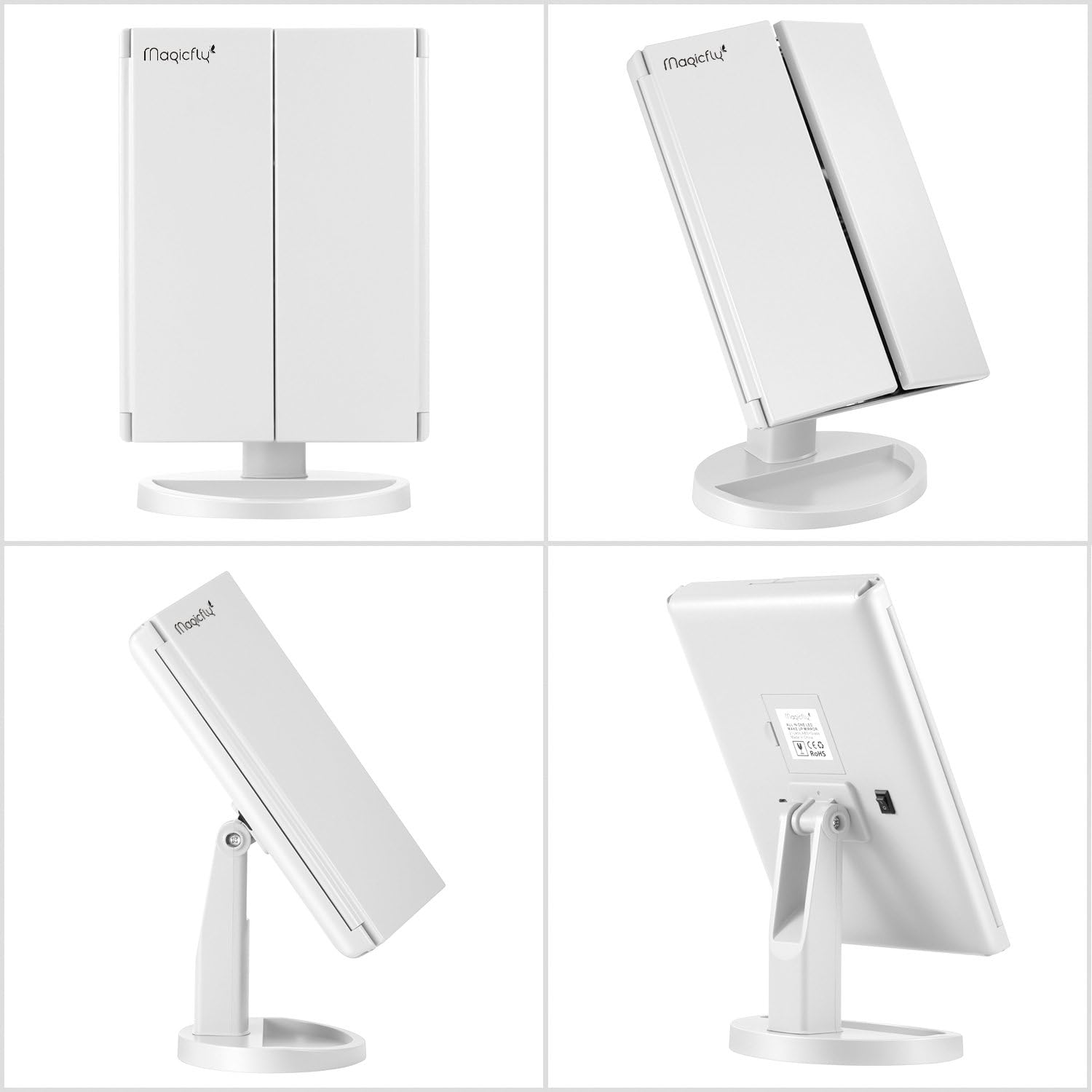 Magicfly Vanity Mirror Lighted Makeup Mirror 10X 3X 2X 1X Magnifying Mirror with 21 LED Lights, Trifold Mirror with Touch Screen, Adjustable Brightness & Stand, Dual Power Supply Mode, White -