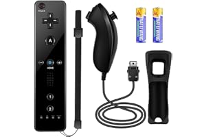 YOVONAZE Compatible with Nintendo Wii Controller, Wii Remote with Nunchuck and Nunchuck Controller with Silicone Case and Wrist Strap for Wii and Wii U, Included 2 AA Batteries (Black), YO-WII-R001
