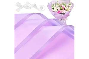 ZORRITA 20 Sheets Purple Flower Wrapping Paper, Waterproof Bouquet Wrapping Paper with Ribbons Floral Paper Wrap, 22.8 x 22.8 Inch (Purple Edge)
