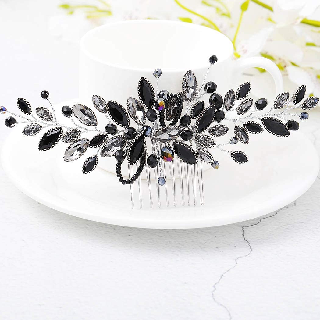 Handcess Bride Wedding Hair Combs Silver Rhinestone Hair Slide Headpiece Black Crystal Bridal Hair Accessories for Women and Girls