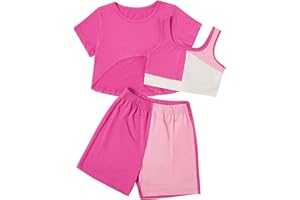 Girl's 3 Piece Outfits Color Block Cami Top and Shorts with High Low Basic Crop Tee Clothing Set