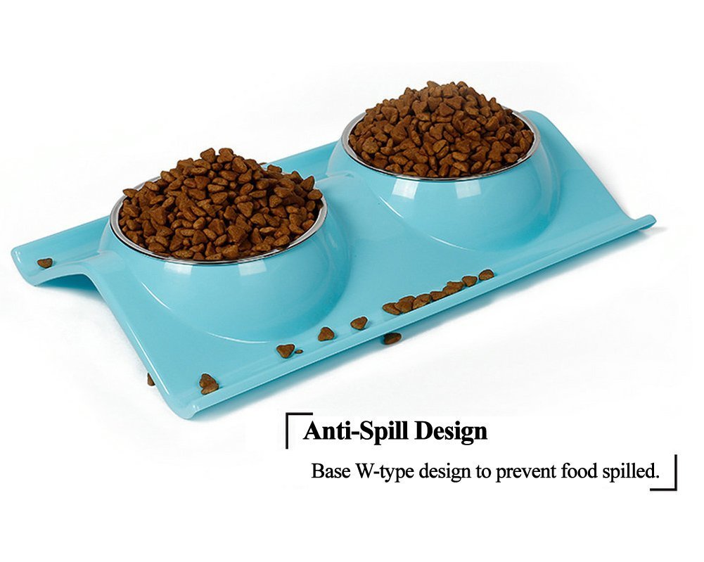 Pet Bowl Double Dog Cat Stainless Steel Bowls with No-Spill Non-Skid Mat
