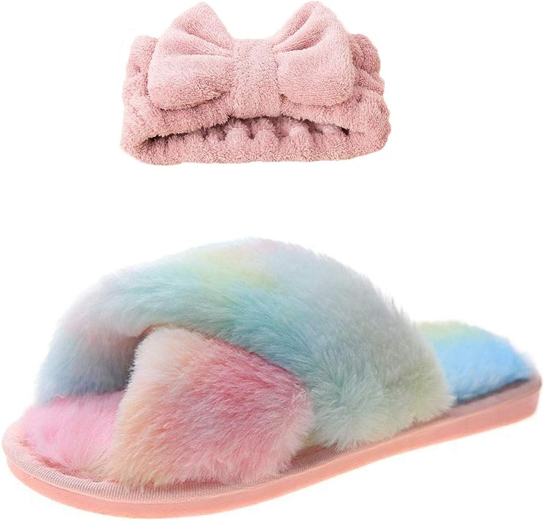 Women's Cross Band Slippers Open Toe Soft Plush Fleece Slip On House