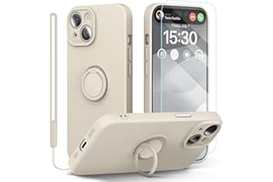 pcgaga Silicone Phone Case for iPhone 15 with Screen Protector [Ring Holder Stand] [Wrist Strap] [Microfiber Lining] Slim Shockproof Protective Cover, 6.1 Inch (White)