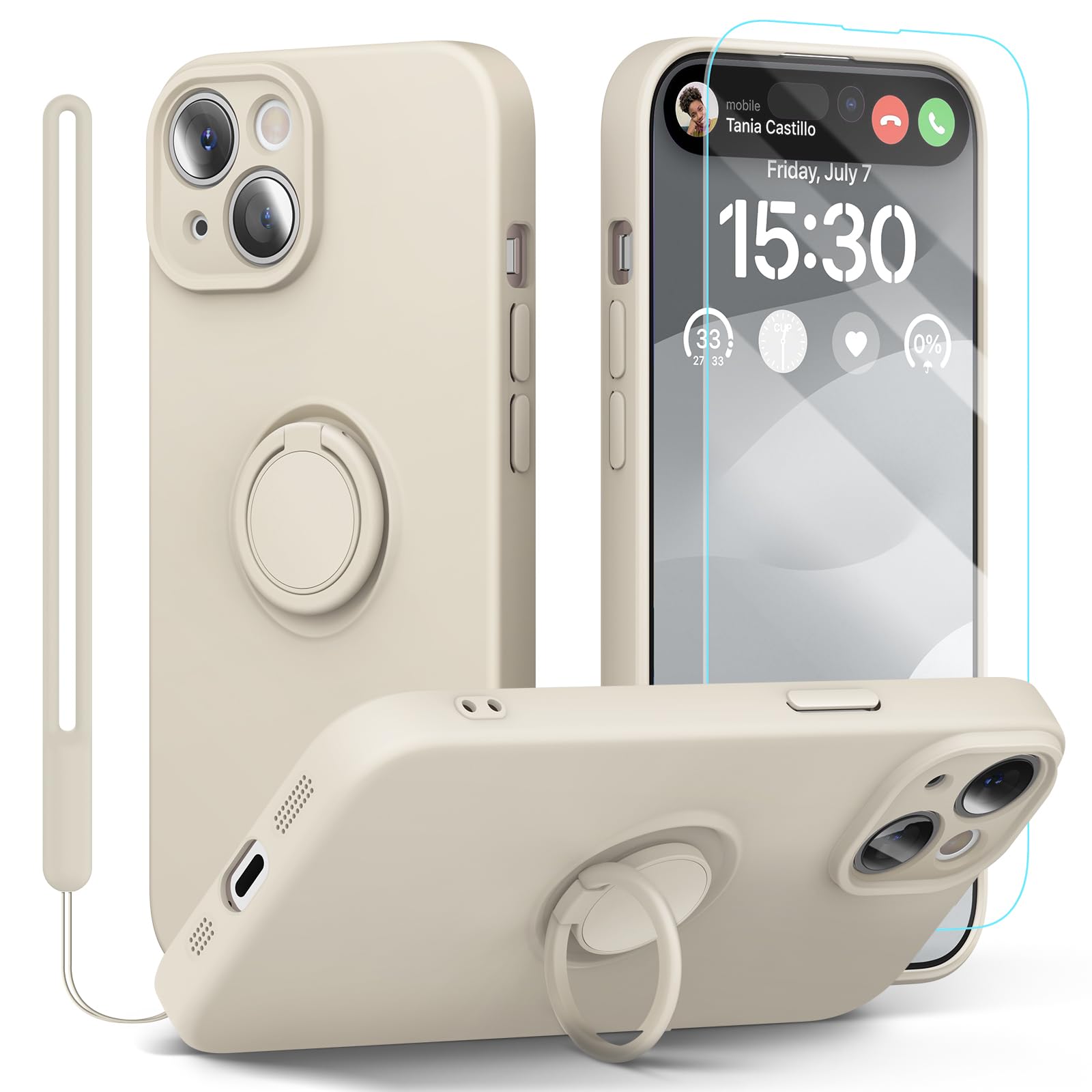 pcgaga Silicone Phone Case for iPhone 15 with Screen Protector [Ring Holder Stand] [Wrist Strap] [Microfiber Lining] Slim Shockproof Protective Cover, 6.1", White