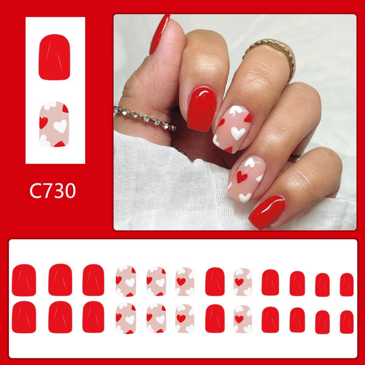 Red Press on Nails Valentines Short Square Fake Nails with Design White Heart Glue on Nails Reusable Glossy Artificial False Nails Acrylic Valentine’s Day Nails for Women Girls Manicure 24pcs - Image 2