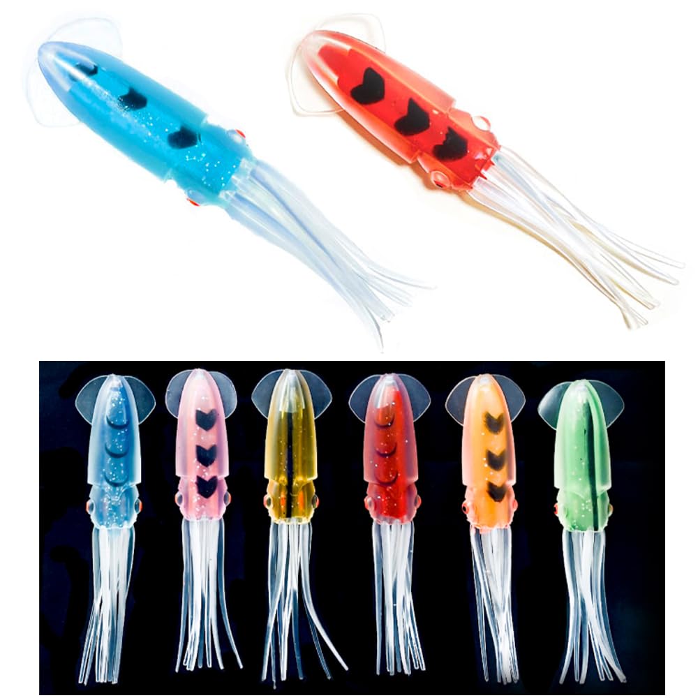 Senvenelec, 6pcs Fishing Hook Lure, Bionic Squid Bait, Artificial Silicone Lure, 11g/1pc, 115x22mm, Red/Green/Blue/Pink Color/Orange/Yellow/Black