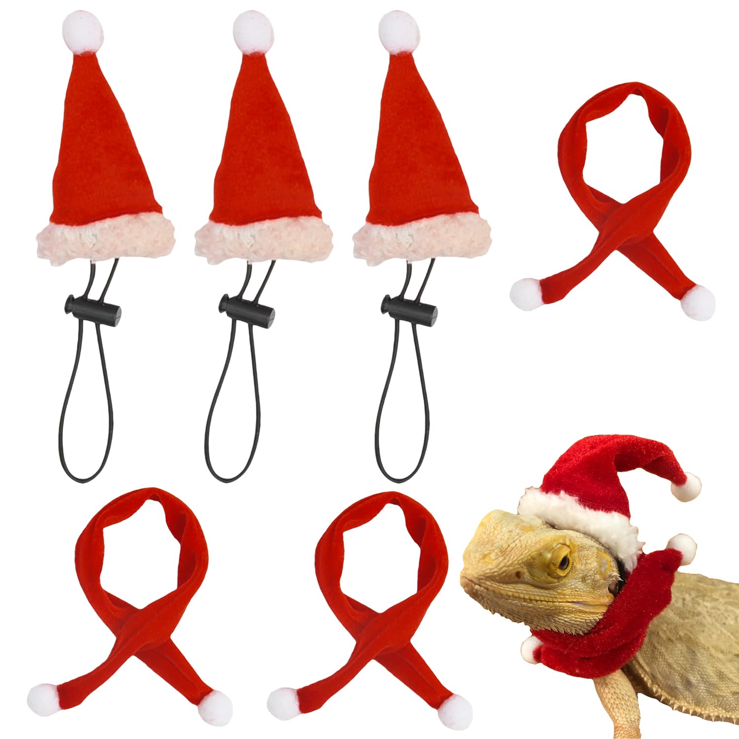 XNHIU 6 Pieces Christmas Bearded Dragon Lizard Christmas Hat and Scarf Pet Costume Set Cute Xmas Outfit for Small Animals
