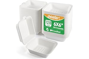 OasisSN [6x6, 128-Pack] Compostable Clamshell Take Out Food Containers, Biodegradable Bagasse Paper To-Go Boxes for Burgers, 