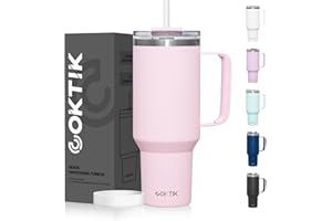 COKTIK 40 oz Tumbler With Handle and Straw Lid, 2-in-1 Lid (Straw/Flip), Vacuum Insulated Travel Mug Stainless Steel Tumbler for Hot and Cold Beverages,Easy to Clean (Blush)