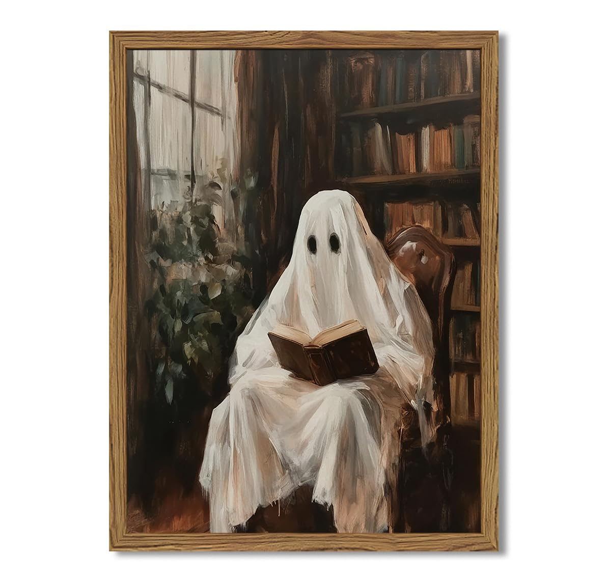 Photo 1 of (please see all images) Framed Halloween Ghost Reading Book Canvas Wall Art, Vintage Dark Academia Horror Ghost