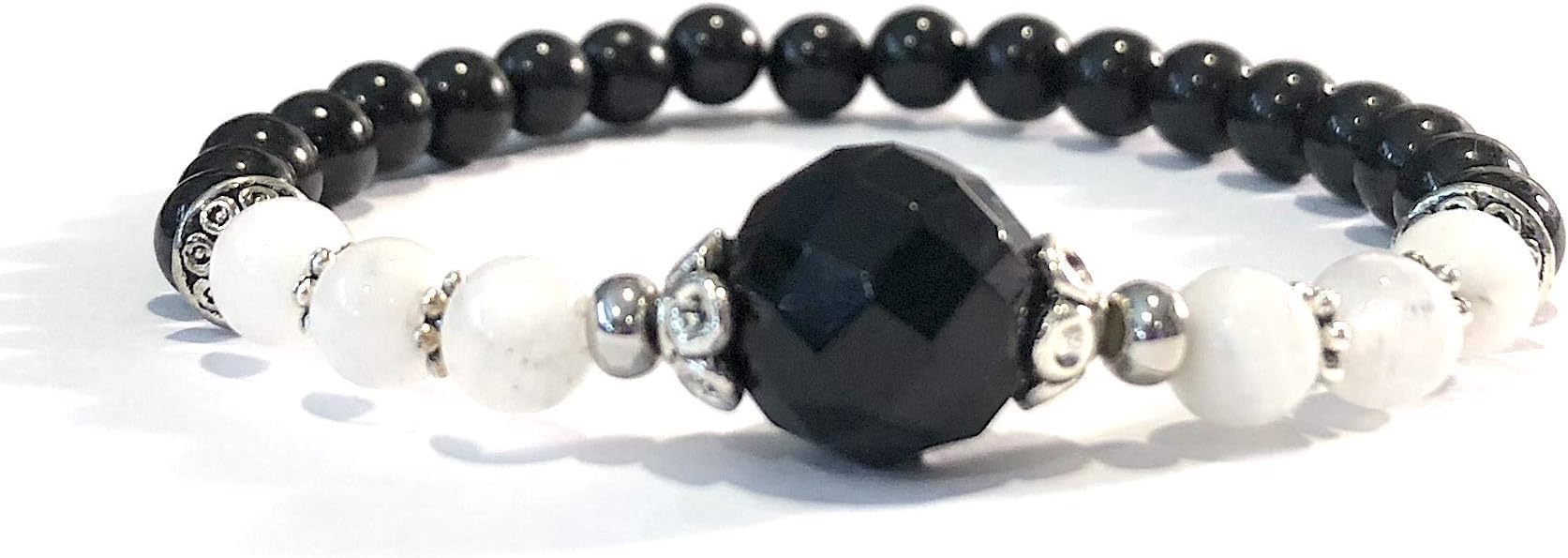 Handmade Black Onyx, Moonstone, Black Tourmaline and Healing Bracelet 7 Inches