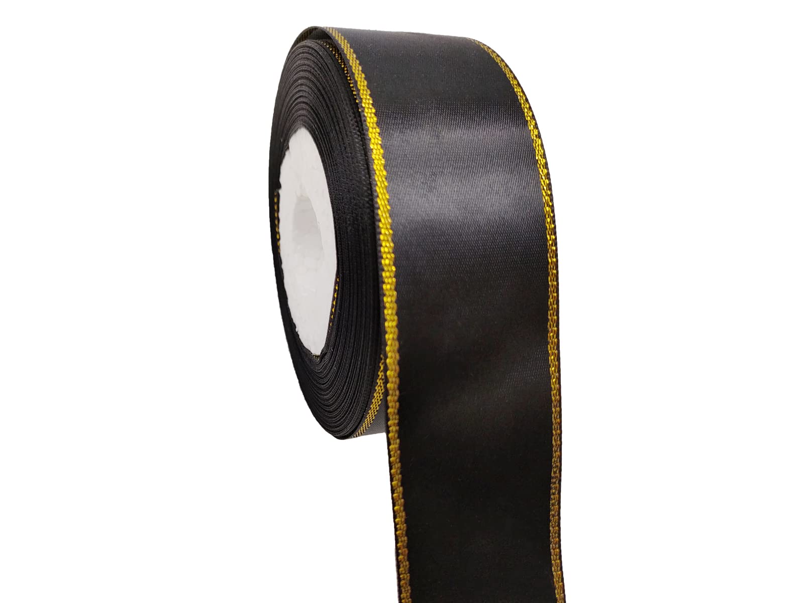 Photo 1 of 1-1/2 inch Black Satin Ribbon Roll with Golden Edge-25 Yards Glitter Wide Continuous Double Faced Boutique Ribbon for Gift Wrapping-DIY Crafts-Sparkly Party-Wedding-Baby Shower Decoration