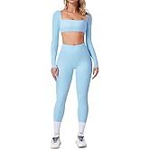 ABOCIW Workout Sets for Women 2 Piece Square Neck Long Sleeve Crop Tops High Waist Flared Leggings Gym Sets