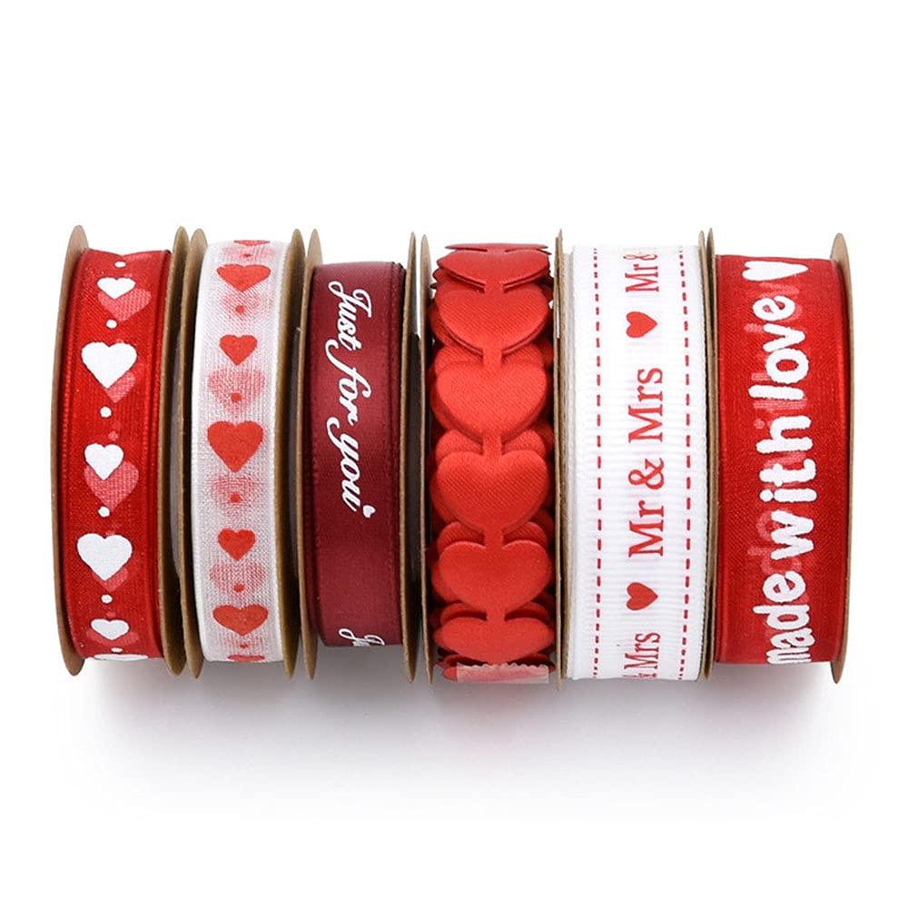ANCLLO 6 Rolls Valentine's Day Ribbons Printed Heart Ribbons Craft Satin Ribbons for Gift Wrapping DIY Supplies