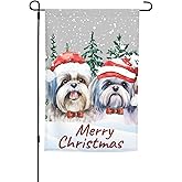 Merry Christmas Shih Tzu Cute Puppy Snow Garden Flag 12x18 Inch Double Sided Vertical Decoration Yard Small Flag For Outside Holiday Seasonal Outdoor