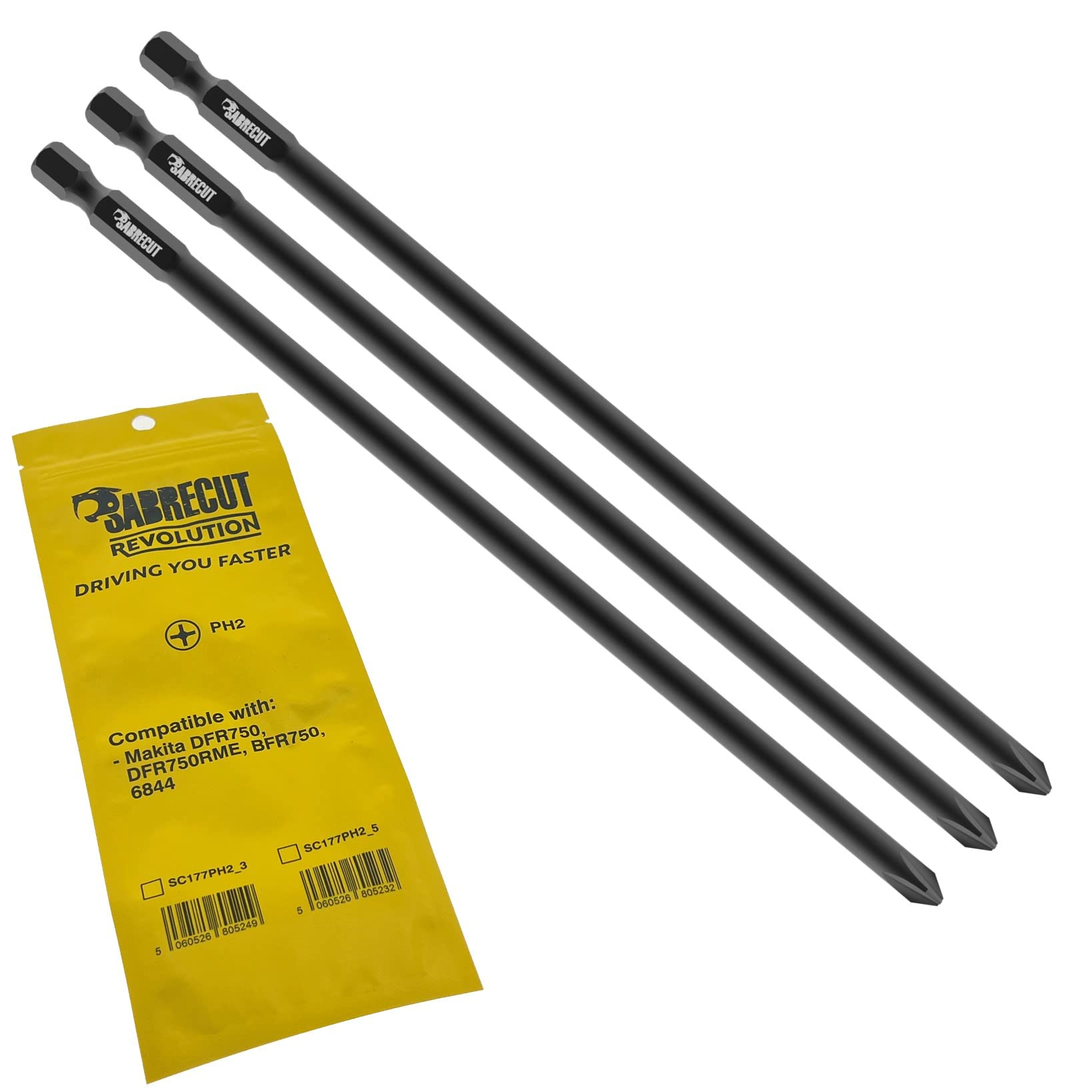 3 x SabreCut SC177PH2_3 177mm PH2 Compatible with Makita DFR750 DFR750RME BFR750 6844 P-67804 Autofeed Collated Drywall Screwdriver Gun Bit Single Ended Phillips No.2 Heavy Duty
