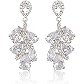 Women's Cubic Zirconia Bridal Earrings - Sterling Silver CZ Cluster Flower Floral Leaf Crystal Rhinestone Dangle Drop Earring for Bride Bridesmaid Mother of Bride Gift Party Prom Girl Costume Jewelry