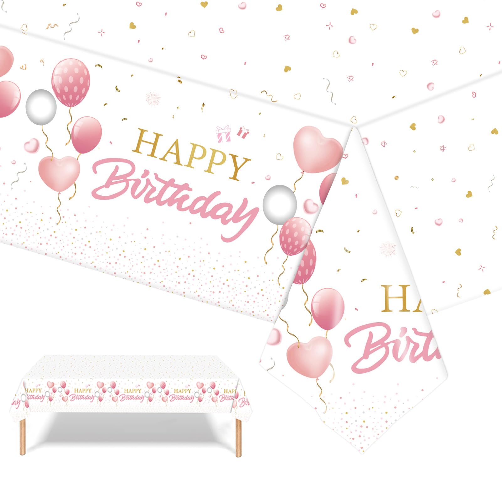 Pink Happy Birthday Disposable Table Cloth Table Cover for Girls Her, 137*274cm Birthday Rectangular Dining Tablecovers Plastic Tablecloths Large for Baby Girls Women Birthday Party Decorations