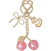 Snycler Bubble Initial Keychain with Cherry & Bow - Gold Silver Letter Bag Charms for Women, Cute Purse Handbag Accessories