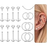 14K Gold Plated Cartilage Earrings Set - 18G 16G Flat Back Earrings Hypoallergenic Surgical Steel Nose Studs Hoops Internal Thread CZ Studs for Cartilage Conch Tragus Helix Piercing Jewelry