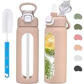 chunmo 20 oz Glass Water Bottle with Straw Reusable Water Bottle with Non-Slip Silicone Sleeve Wide Mouth Leak-Proof for Coffee, Tea and Water,BPA-free, Dishwasher Safe
