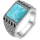 DOLIOX Genuine Square Turquoise Rings for Men 925 Sterling Silver 11MM Natural Real Gemstone Ring Vintage Feather Jewelry for Him Husband