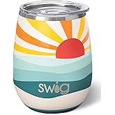 Swig Life 14oz Stemless Wine Cup, Insulated Wine Tumbler with Lid, Stainless Steel Travel Tumbler (Sun Dance)
