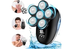 SAKIOO Electric Head Shaver for Bald Men, 6 in 1 Mens Electric Head Razor Bald Head Shaver Cordless Electric Razor Men, IPX7 Wet/Dry Waterproof Men's Rotary with Head Shavers Kit LED Display Silver