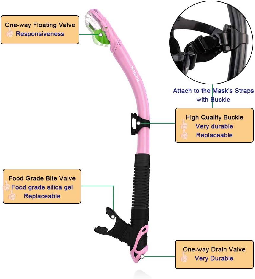 WACOOL Adults Snorkeling Snorkel Diving Scuba Package Set with Anti-Fog Coated Glass Purge Valve and Anti-Splash Silicon Mouth Piece for Men Women (Black+Pink) : Sports & Outdoors
