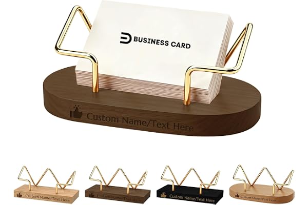 Business Card Holder for Desk, Custom Wooden Card Display Stand with Personalized Name Text, Gold Tone Wire Office Organizer