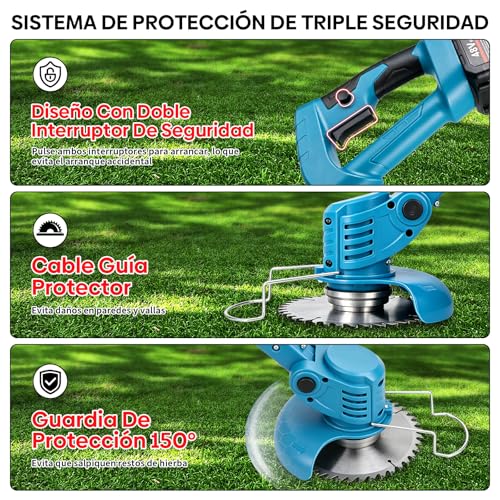 ACHIEVOOA Cortacésped Eléctrico Inalámbrico Telescópico 3 en 1, Desbordadora Portátil de 21V, Equipado con 2 Baterías de 3 Ah y 3 Tipos de Cuchillas de Corte, Ideal para Césped y Jardín (Azul)