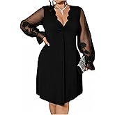 BEAUDRM Women's Plus Size Short Dress Scallop Trim V Neck Long Sleeve Flowy A Line Party Dresses