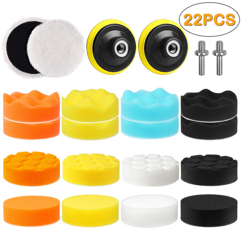Electop Car Polishing Pad Kit 22 Pcs, 3 Inch Foam Drill Buffing Sponge Woolen Pads for Car Sanding, Buffing, Polishing, Waxing, Sealing Glaze(18 Pads+2 Drill Adapters+2 Suction Cups)