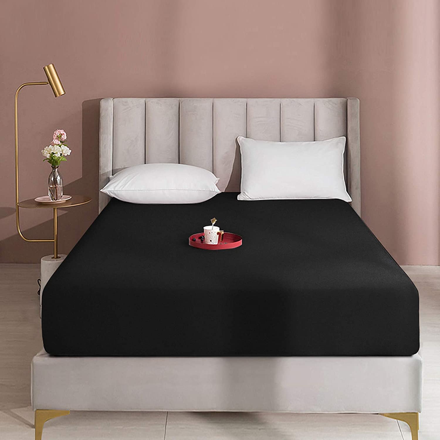 Queens Land Home Extra Deep 16"(40cm) Non Iron Percale Plain Pollycotton Fitted Sheet-(Single, Black) — image 1