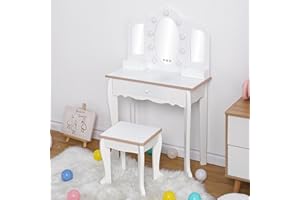 WPOND Kids Vanity Set with 3 Mirrors and Drawer - Pretend Play Dress-Up Fun, Lights & Wooden Makeup Playset for Girls 4-9 Yrs, White