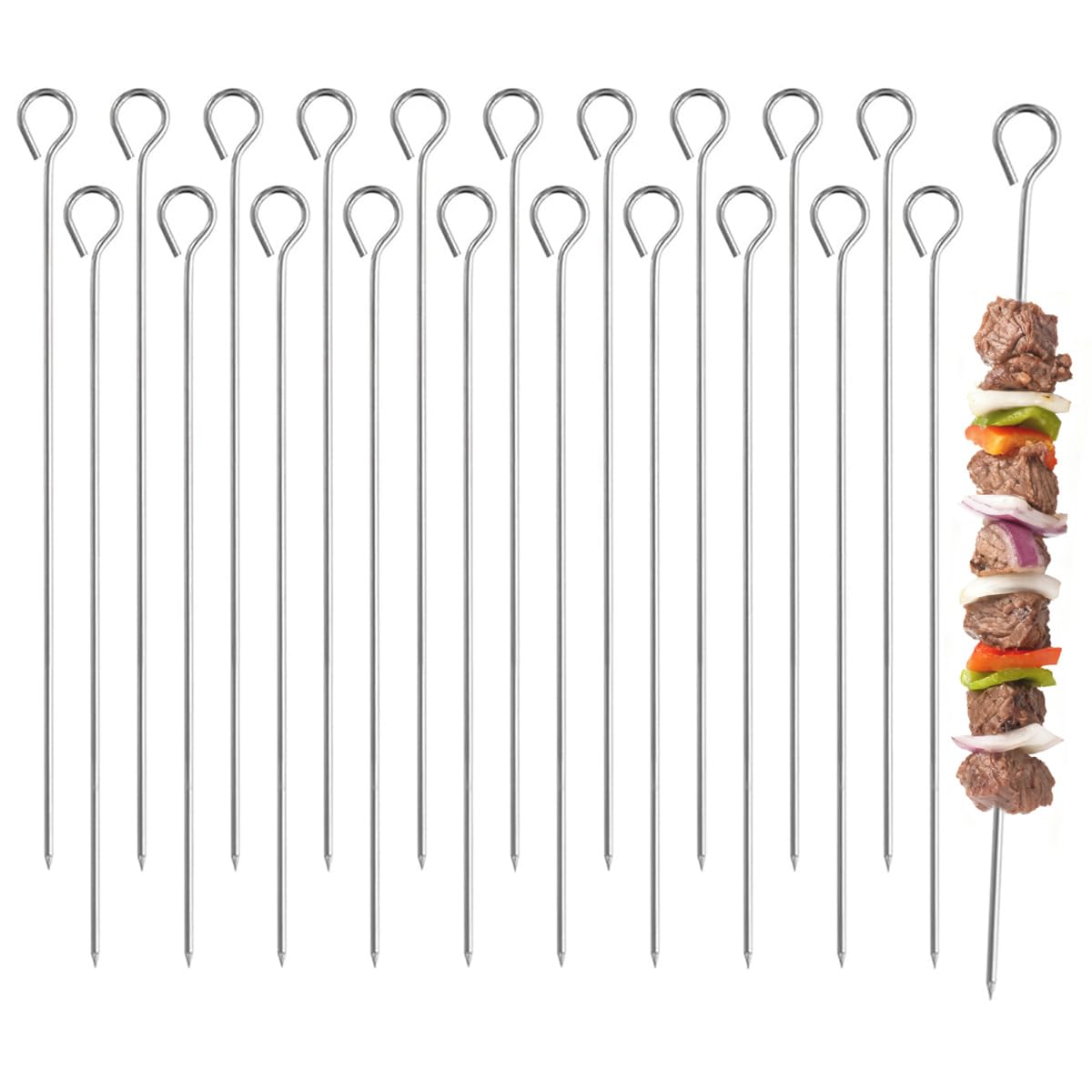 20Pcs Metal Kebab Skewer Stainless Steel Turkey Lacers 7.9" BBQ Skewer Reusable Meat Needles Metal skewers for Barbecue Parties
