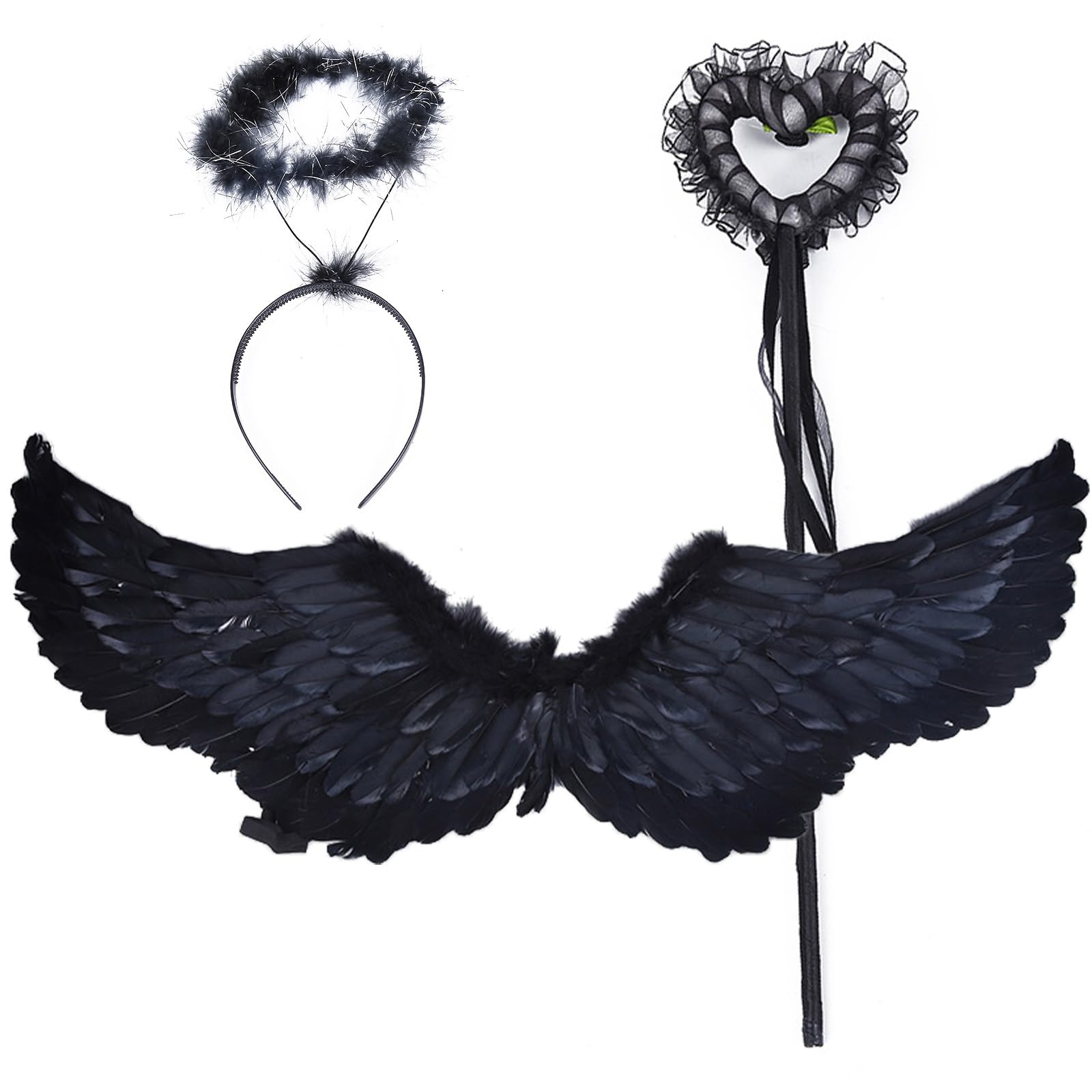 POPOYU Angel Wings with Halo and Fairy Wand,80x35cm Dark Angel Costume Fancy Dress for Women,Feather Wings Angel for Carnival Themed Party,Halloween Christmas Fallen Angel Cosplay