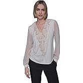 Karl Lagerfeld Womens Sheer Long Sleeve Ruffle Front V-Neck Woven Blouse