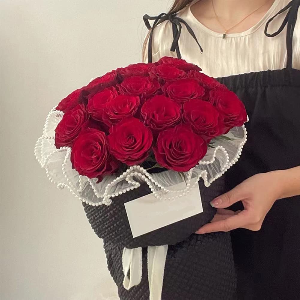 BENECREAT 4.37 Yards White Flower Wrapping Mesh Paper, Pearl Edge Bouquet Packaging Paper Wrinkled Translucent for Party Favor Decor, Florist Supplies Wedding Gift Packaging